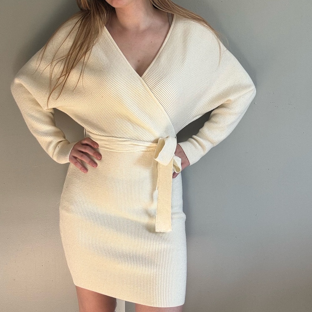 Zesica Cream Kit Wrap Front Tie Sweater Dress - Picture 2 of 8
